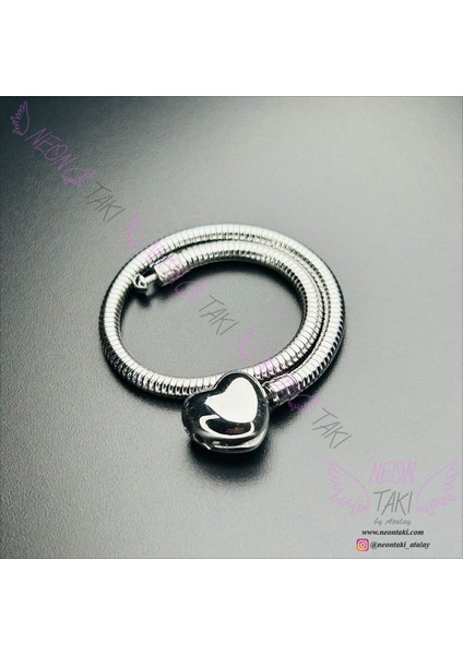 , Duyarlılık Etiketi ve Charm Taşıyıcı Paslanmaz Bileklik 139, Kalp Klipsli 19cm