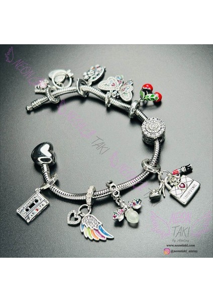 , Duyarlılık Etiketi ve Charm Taşıyıcı Paslanmaz Bileklik 139, Kalp Klipsli 19cm