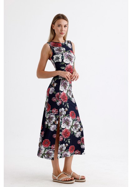 Yırtmaçlı Kolsuz Likralı Viskon Elbise | ELB35734 Laci Güllü modelleri