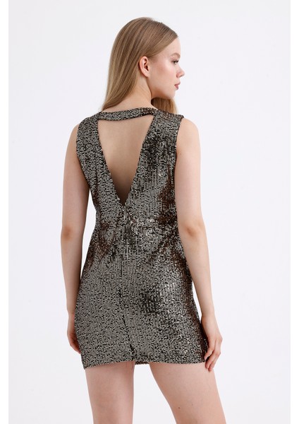 Sırt Dekolteli Astarlı Önü Büzgülü Payetli Abiye Elbise | ELB35572 Gold