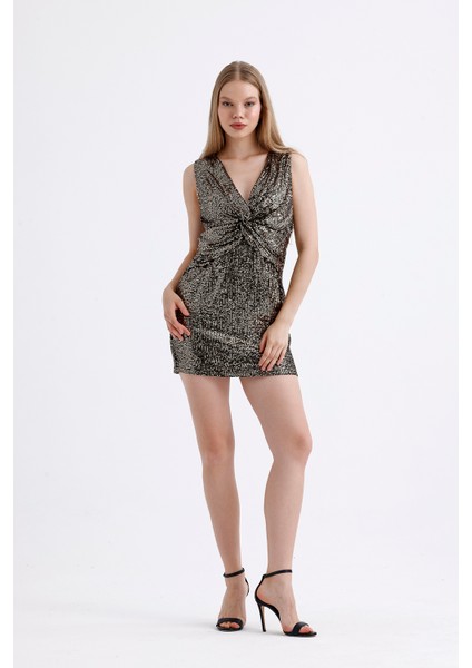 Sırt Dekolteli Astarlı Önü Büzgülü Payetli Abiye Elbise | ELB35572 Gold fırsatları