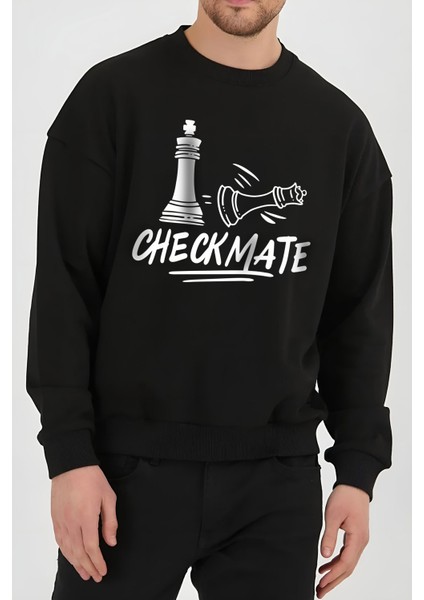 Satranç Şah-Mat Baskılı Siyah Unisex Kadın Erkek Pamuklu Sweatshirt CU108