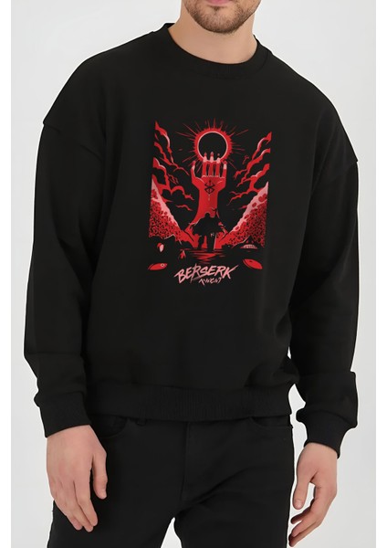 Berserk Anime Baskılı Siyah Unisex Kadın Erkek Pamuklu Sweatshirt CU109