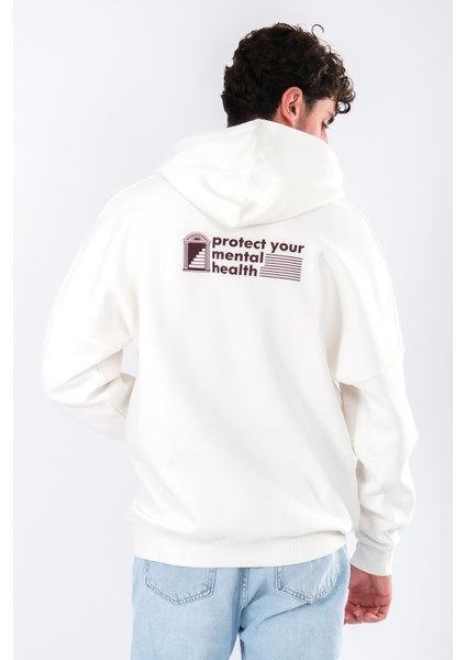 Protect Your Mental Health Oversize Fit Hoodie Erkek - Ekru