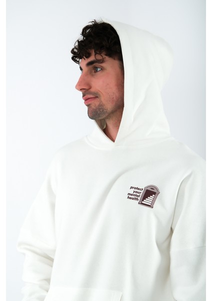 Protect Your Mental Health Oversize Fit Hoodie Erkek - Ekru