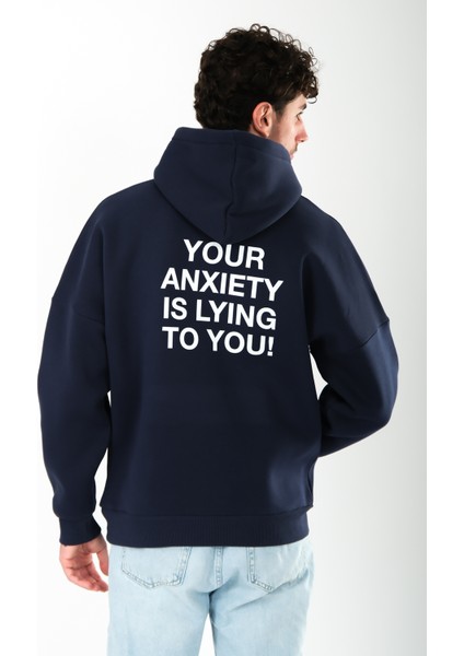 Anxiety Oversize Fit Hoodie Erkek - Lacivert