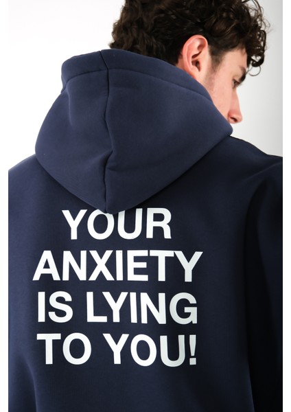 Anxiety Oversize Fit Hoodie Erkek - Lacivert modelleri