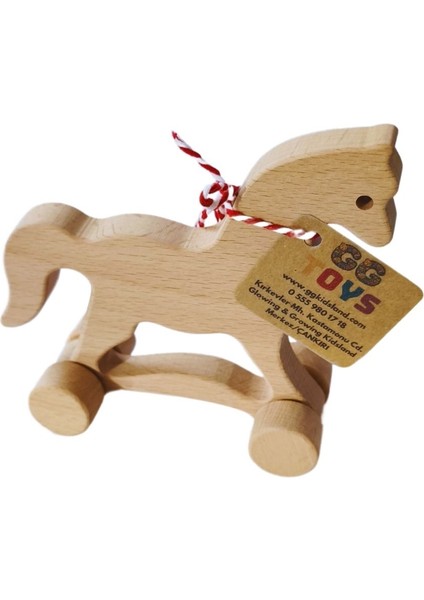 Gg Toys - Montessori Doğal Ahşap Tekerlekli Oyuncak - At