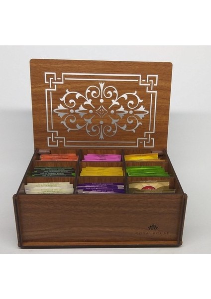 Ahşap Ceviz Renk Çay Kutusu 9 Bölmeli Kapaklı Bitki Çayı Saklama Kabı ( Çaylar Dahil) Tea Box