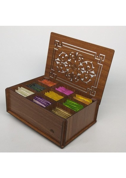 Ahşap Ceviz Renk Çay Kutusu 9 Bölmeli Kapaklı Bitki Çayı Saklama Kabı ( Çaylar Dahil) Tea Box
