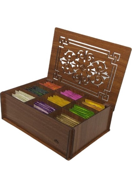 Ahşap Ceviz Renk Çay Kutusu 9 Bölmeli Kapaklı Bitki Çayı Saklama Kabı ( Çaylar Dahil) Tea Box