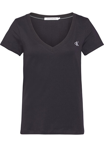 Kadın Siyah Ck Embroidery Stretch V-Neck T-Shirt