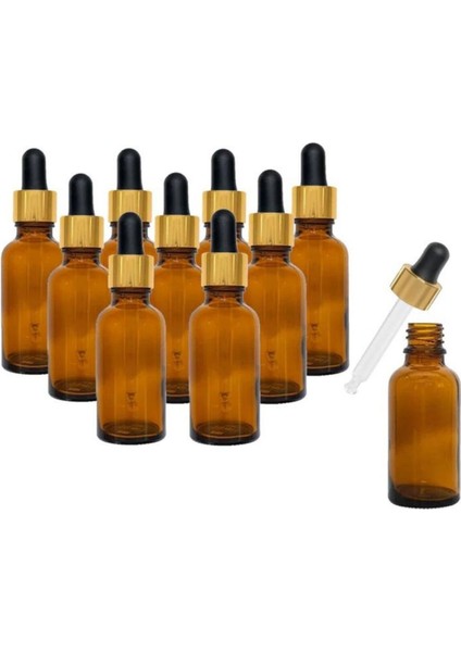 10 Adet Altın/Siyah Cam Pipetli 30ml Amber Cam Şişeler