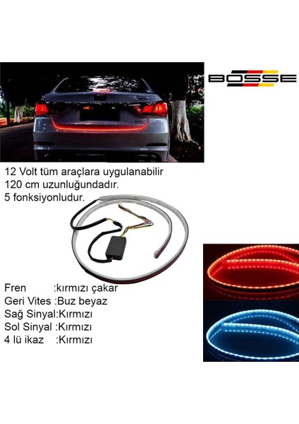 Oto Bagaj Altı Arka Kayan Led 5 Fonk 120Cm 12 Volt