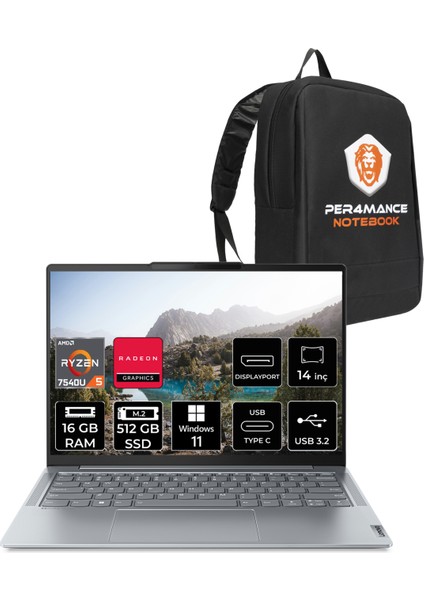 Yoga Slim 6 Amd Ryzen 5 7540U 16GB 512GB SSD 14" Fhd+ W11P Taşınabilir Bilgisayar & Per4 Çanta 82X3004GTXP312