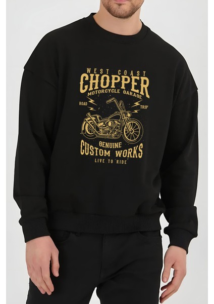 Chopper Motor Baskılı Siyah Kadın Erkek Pamuklu Sweatshirt Cu122