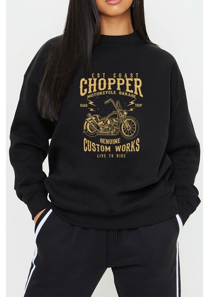 Chopper Motor Baskılı Siyah Kadın Erkek Pamuklu Sweatshirt Cu122