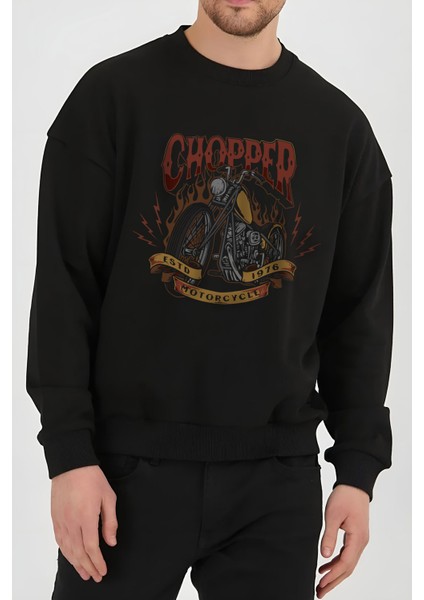 Chopper Motor Baskılı Siyah Kadın Erkek Pamuklu Sweatshirt Cu120