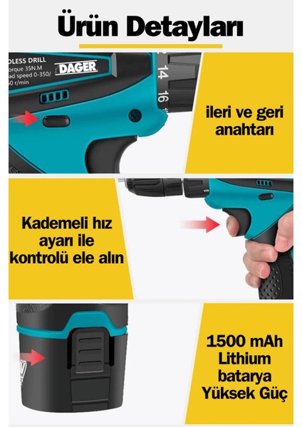 12 V Şarjlı Matkap 1.5 Ah Lion Armut Batarya Metal Şanzıman Çift Akülü Vidalama 24 Parça Set + Pas Sökücü