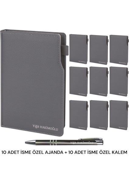 Oranlı Promosyon 10 Adet Kişiye Özel 2025 Ajanda Tarihli Defter Füme 17X24 Kalem Takılabilir Türkiye Haritalı Ajanda Tükenmez Kalem Hediyeli