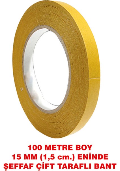 Çift Taraflı Şeffaf Bant 100 Metre Uzunlukta (15 mm-1,5 cm) eninde