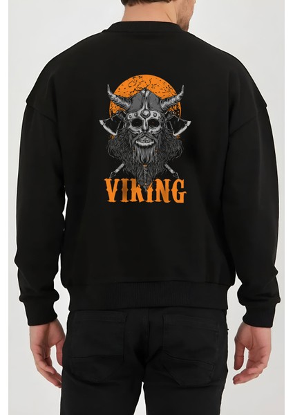Viking Odin Baskılı Siyah Kadın Erkek Pamuklu Sweatshirt Cu129