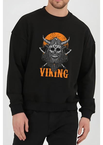 Viking Odin Baskılı Siyah Kadın Erkek Pamuklu Sweatshirt Cu128