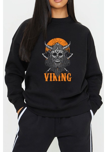 Viking Odin Baskılı Siyah Kadın Erkek Pamuklu Sweatshirt Cu128