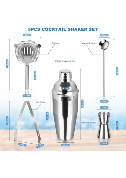 5 Parça Paslanmaz Çelik Kokteyl Shaker Seti – 750 ml Barmen Seti