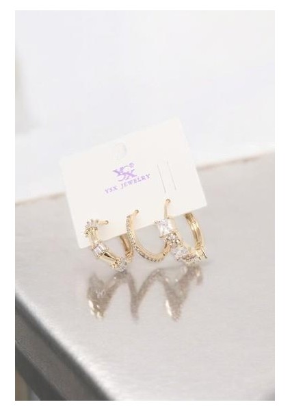 Taşlı Model Gold Renk 3'lü Set Çelik Küpe