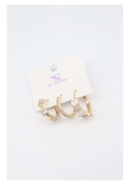 Taşlı Model Gold Renk 3'lü Set Çelik Küpe