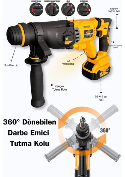 DGR-5142 Kömürsüz 36 V 5 Ah Çift Akülü Şarjlı 3 Fonksiyon Kırıcı-Delici Hilti Matkap Setli + Pas Sökücü