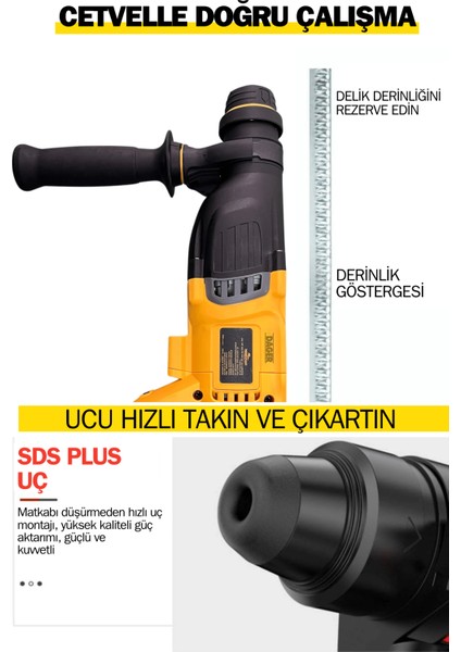 DGR-5142 Kömürsüz 36 V 5 Ah Çift Akülü Şarjlı 3 Fonksiyon Kırıcı-Delici Hilti Matkap Setli + Pas Sökücü