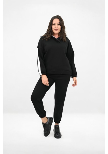 Kadın Büyük Beden Yan Şerit Detaylı Kapüşonlu Eşofman Takımı 8151-25
