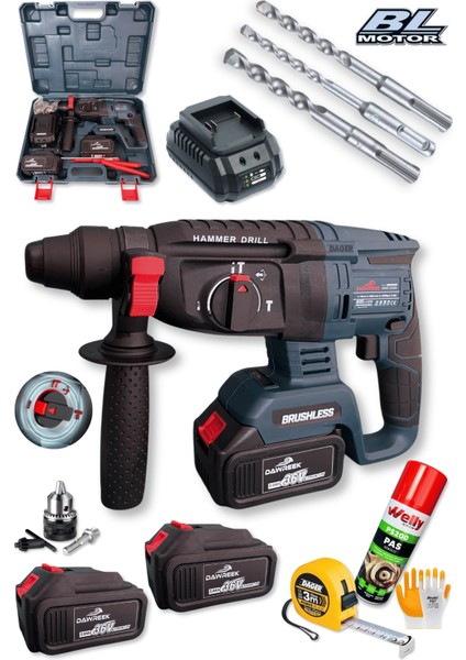 DGR-4140 Kömürsüz 36 V 5 Ah Çift Akülü Şarjlı 3 Fonksiyon Kırıcı-Delici Hilti Matkap Setli + Pas Sökücü