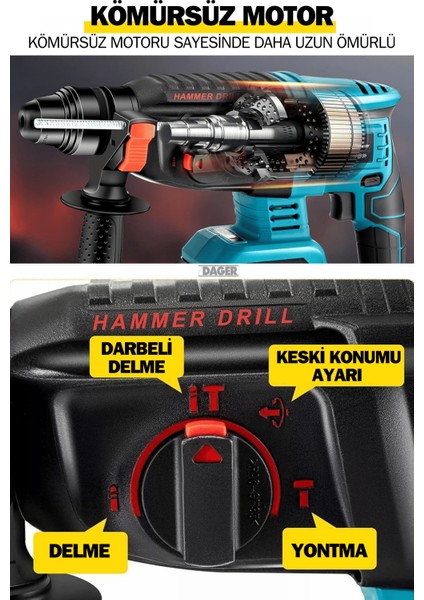 DGR-4140 Kömürsüz 36 V 5 Ah Çift Akülü Şarjlı 3 Fonksiyon Kırıcı-Delici Hilti Matkap Setli + Pas Sökücü