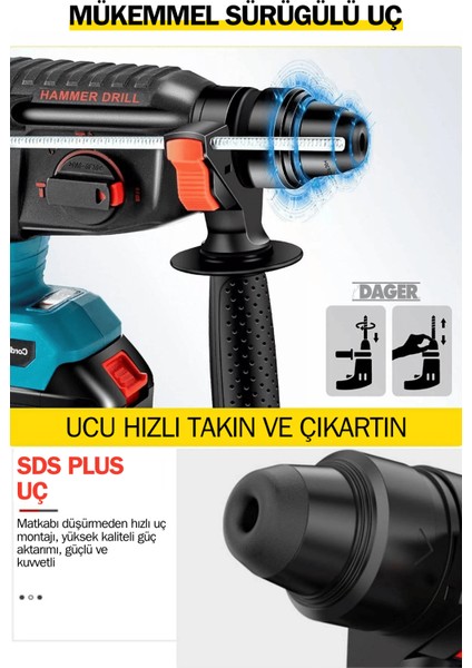 DGR-4140 Kömürsüz 36 V 5 Ah Çift Akülü Şarjlı 3 Fonksiyon Kırıcı-Delici Hilti Matkap Setli + Pas Sökücü