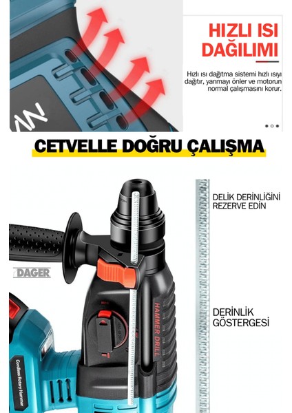 DGR-4140 Kömürsüz 36 V 5 Ah Çift Akülü Şarjlı 3 Fonksiyon Kırıcı-Delici Hilti Matkap Setli + Pas Sökücü