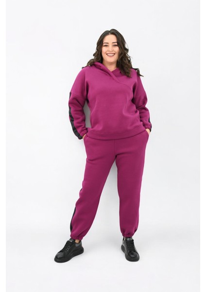 Kadın Büyük Beden Yan Şerit Detaylı Kapüşonlu Eşofman Takımı 8151-25