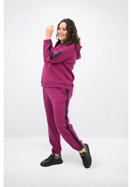 Kadın Büyük Beden Yan Şerit Detaylı Kapüşonlu Eşofman Takımı 8151-25 modelleri
