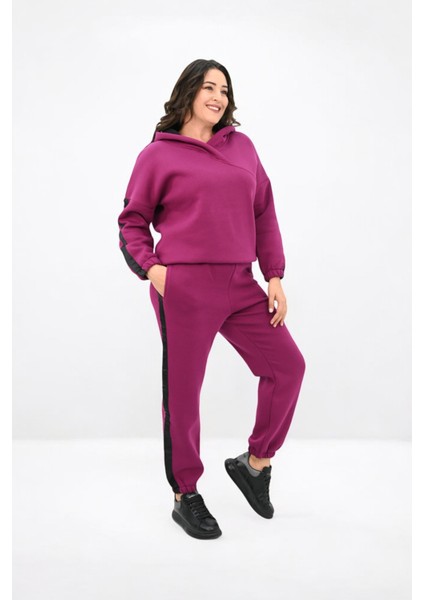 Kadın Büyük Beden Yan Şerit Detaylı Kapüşonlu Eşofman Takımı 8151-25 fırsatları