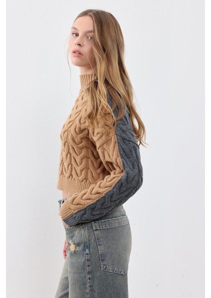 Antrasit-Camel Saç Örgülü Dik Yakalı Çift Taraflı Giyilebilir Kazak