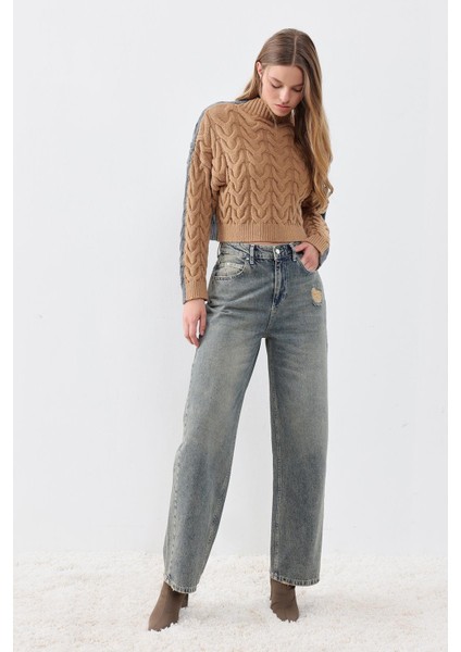 Antrasit-Camel Saç Örgülü Dik Yakalı Çift Taraflı Giyilebilir Kazak indirimleri