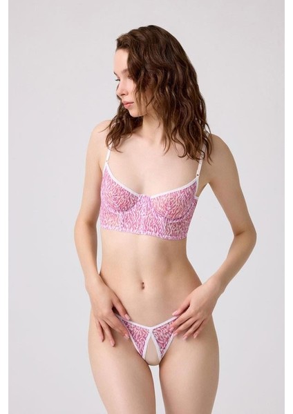 Pembe Desenli Ayarlanabilir Askılı Balenli Özel Bölgesi Açık Tanga Külotlu Kadın Sütyen Takımı fırsatları