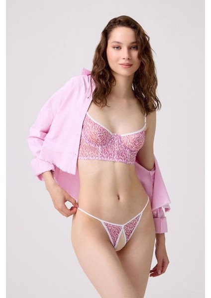 Pembe Desenli Ayarlanabilir Askılı Balenli Özel Bölgesi Açık Tanga Külotlu Kadın Sütyen Takımı indirimleri