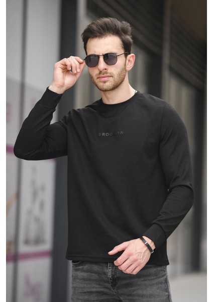 Boccel Brooklyn Baskılı Çizgili Otoban Kumaş Slim Fit Likralı Erkek Sweatshirt