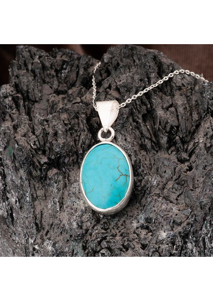 Firuze Taşlı Bayan Gümüş Oval Kolye fiyatları