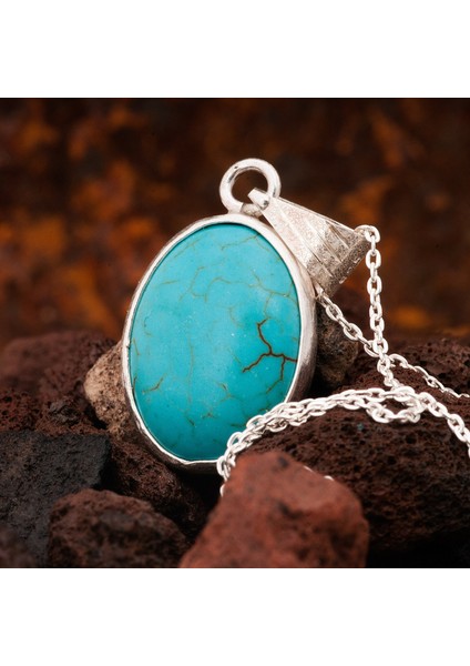 Firuze Taşlı Bayan Gümüş Oval Kolye modelleri