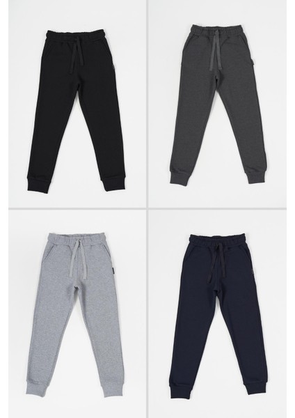 Siyah-Lacivert-Gri-Antrasit Kalın Pamuklu Beli ve Paçası Lastikli Cepli 4'lü Erkek Çocuk Eşofman Altı