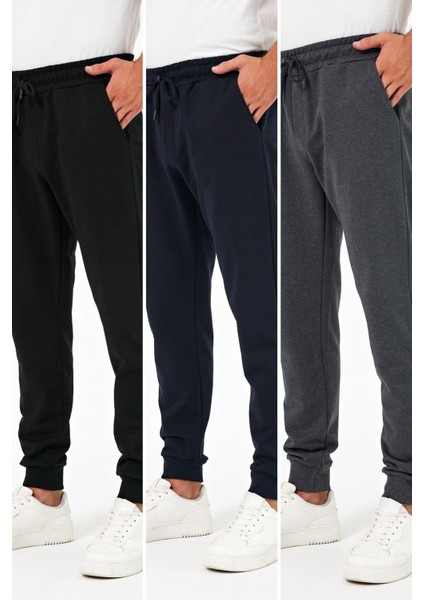 Kalın Siyah-Lacivert-Antrasit Erkek 3'lü Eşofman Altı Jogger Arka Cepli Paça Lastikli Regular Fit Şardonsuz CMRE97
